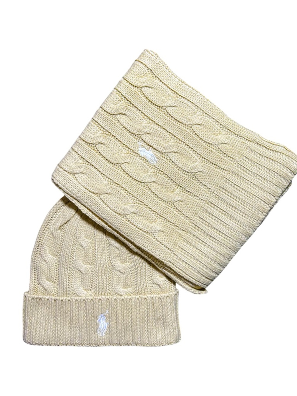 Ralph Lauren Beige Cable-Knit Beanie & Scarf Set With Embroidered Polo